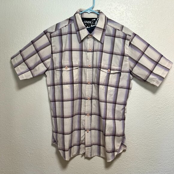 O'Neill Short Sleeve Purple Plaid Shirt Mens Size‎ M - Picture 1 of 15